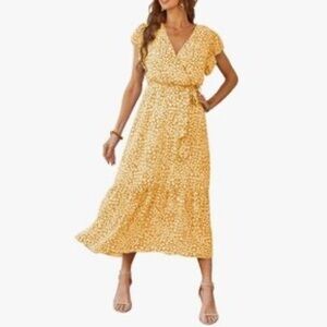 Pretty garden Yellow Floral faux Wrap Dress, Sz L